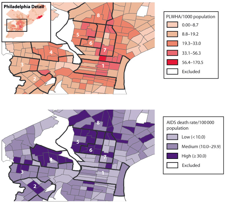 Living and dying with HIV/AIDS: Maps of Philadelphia show people living with HIV/AIDS per 1,000 (top) and AIDS death rate per 100,000. Darker areas have more people living with HIV/AIDS and a higher AIDS death rate. Areas 1 and 4, here and below, show similar infection levels but marked contrast in death rate and economic/racial factors. Living and dying with HIV/AIDS: Maps of Philadelphia show people living with HIV/AIDS per 1,000 (top) and AIDS death rate per 100,000. Darker areas have more people living with HIV/AIDS and a higher AIDS death rate. Areas 1 and 4, here and below, show similar infection levels but marked contrast in death rate and economic/racial factors.