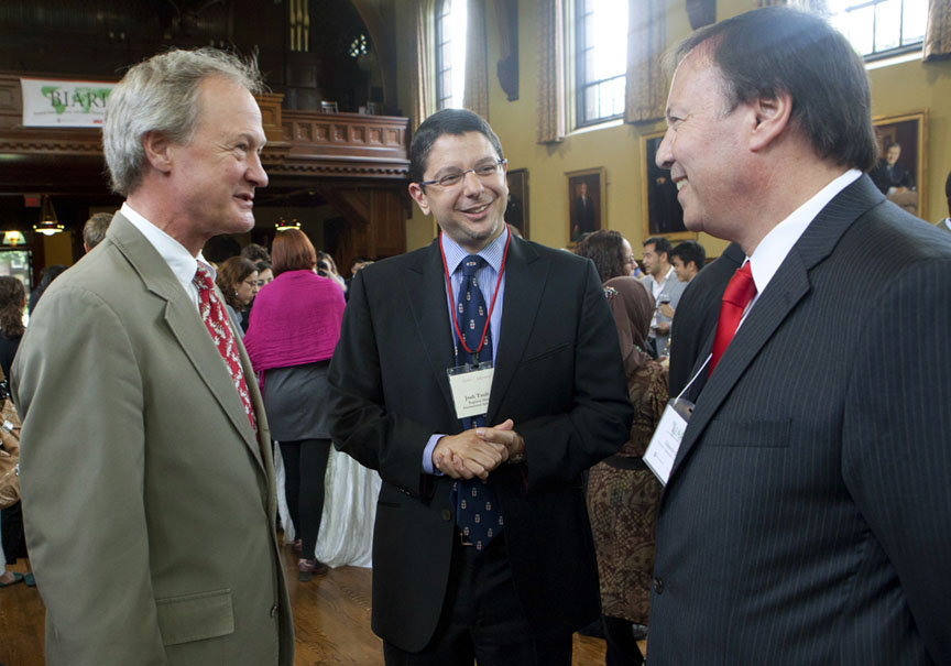 Steve Young Lee: Gov. Lincoln Chafee is introduced to Eduardo Garrido, director of Santander Universities, by Josh Taub, '93, regional director, International Advancement. Steve Young Lee: Gov. Lincoln Chafee is introduced to Eduardo Garrido, director of Santander Universities, by Josh Taub, '93, regional director, International Advancement.