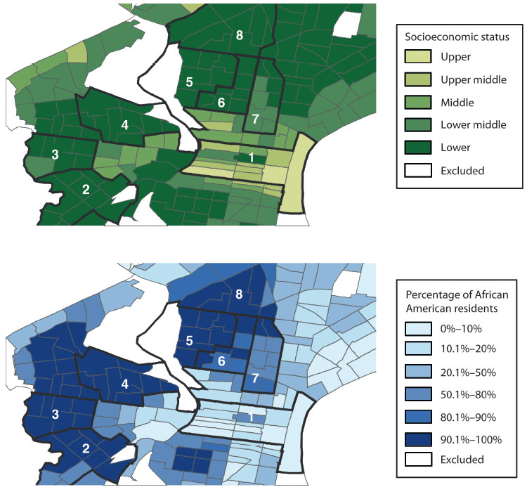 Communities by socioeconomic status and race: The infection and death data from the maps above correlate with these maps of socioeconomic status (top, darker green areas are poorer) and race (darker blue areas have higher percentage of African American residents). “Many of our resources don’t go to the communities who need them most,” said researcher Amy Nunn, “but we know exactly where people live who are becoming infected.” Communities by socioeconomic status and race: The infection and death data from the maps above correlate with these maps of socioeconomic status (top, darker green areas are poorer) and race (darker blue areas have higher percentage of African American residents). “Many of our resources don’t go to the communities who need them most,” said researcher Amy Nunn, “but we know exactly where people live who are becoming infected.”