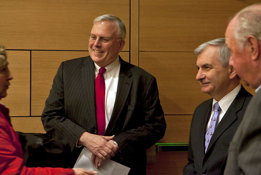 A creative venture: Clyde Briant, Brown’s vice president for research, and Sen. Jack Reed announced plans to explore the possibilities of renovating shipping containers as sustainable housing. Credit: Mike Cohea/Brown University
