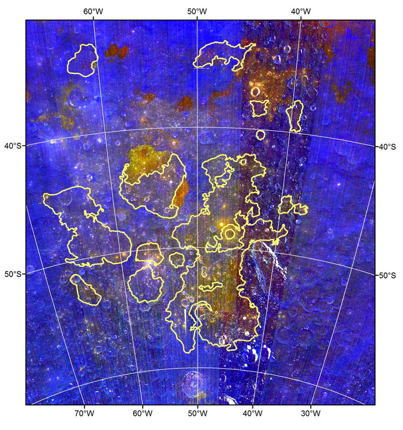 Hidden seas: Data from the Moon Mineralogy Mapper show the presence of cryptomaria (“hidden seas,” outlined in yellow). Primary material of the lunar crust is shown as blue. Areas show as yellow indicate basalt that originated below the surface. Hidden seas: Data from the Moon Mineralogy Mapper show the presence of cryptomaria (“hidden seas,” outlined in yellow). Primary material of the lunar crust is shown as blue. Areas show as yellow indicate basalt that originated below the surface.