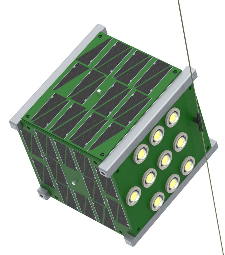 EQUiSat: Solar arrays will charge the battery that aligns the satellite, powers its LED beacon, and sends radio messages about the health of its systems. EQUiSat: Solar arrays will charge the battery that aligns the satellite, powers its LED beacon, and sends radio messages about the health of its systems.