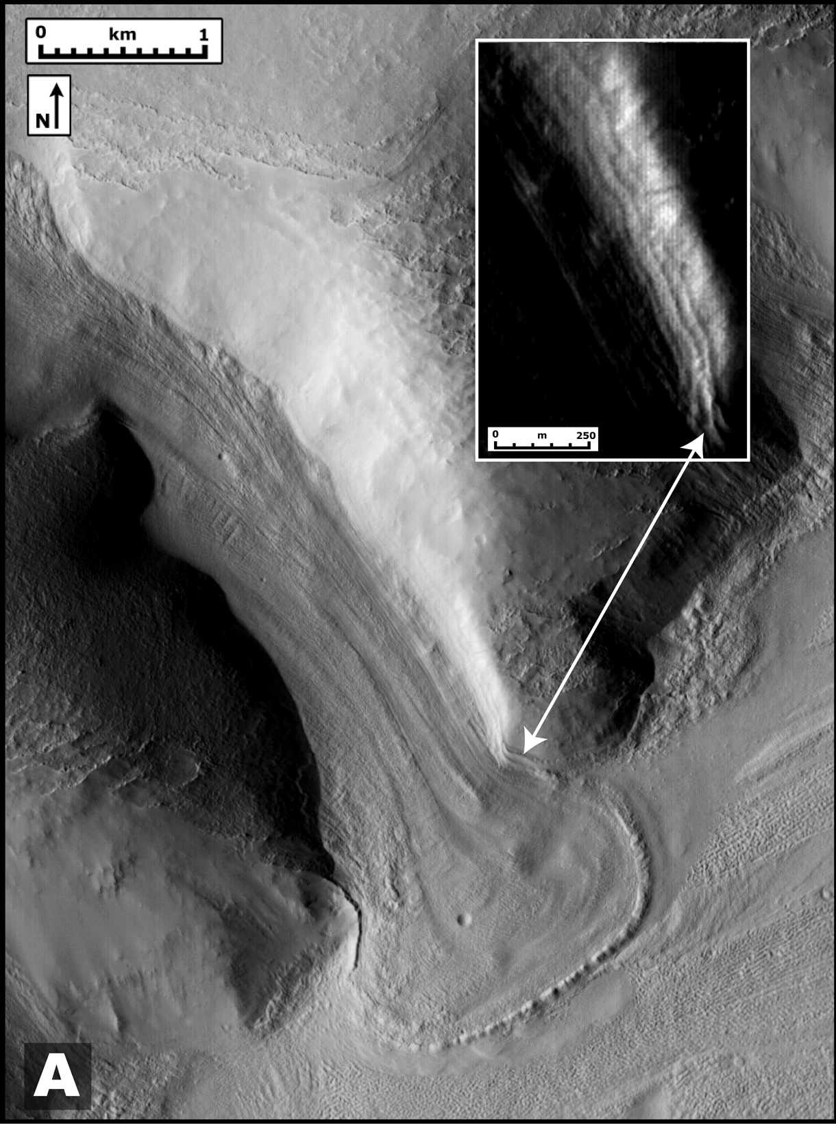 Ancient Martian Tributary: This image taken taken by the Mars Reconnaissance Orbiter shows a glacier-like lobe that had spilled from an ancient tributary on to the surrounding plain. Brown scientists report in May's issue of Geology that the lobe is superimposed on a past ice deposit and appears to be evidence of more recent glaciation. Ancient Martian Tributary: This image taken taken by the Mars Reconnaissance Orbiter shows a glacier-like lobe that had spilled from an ancient tributary on to the surrounding plain. Brown scientists report in May's issue of Geology that the lobe is superimposed on a past ice deposit and appears to be evidence of more recent glaciation.