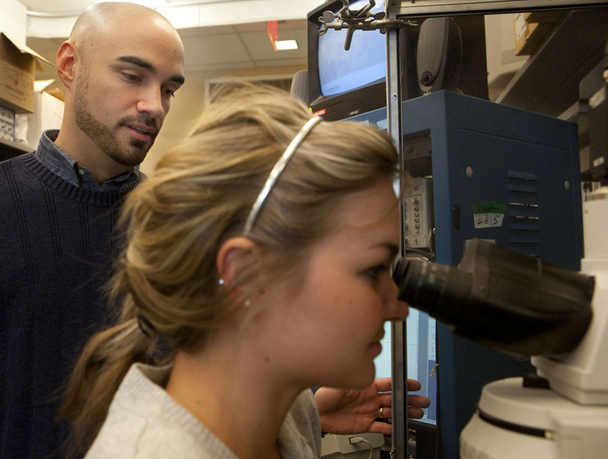 Therapeutic implications: Graduate student Mark Bell and undergrad Hannah Johnson in Aizenman’s lab helped explain the protective role of putrescine. Credit: Mike Cohea/Brown University Therapeutic implications: Graduate student Mark Bell and undergrad Hannah Johnson in Aizenman’s lab helped explain the protective role of putrescine. Credit: Mike Cohea/Brown University