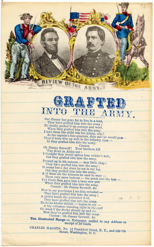 Grafted into the Army: “I thought they would spare a lone widder’s heir, but they’ve grafted him into the army.”Credit: The John Hay Library/Brown University Grafted into the Army: “I thought they would spare a lone widder’s heir, but they’ve grafted him into the army.”Credit: The John Hay Library/Brown University