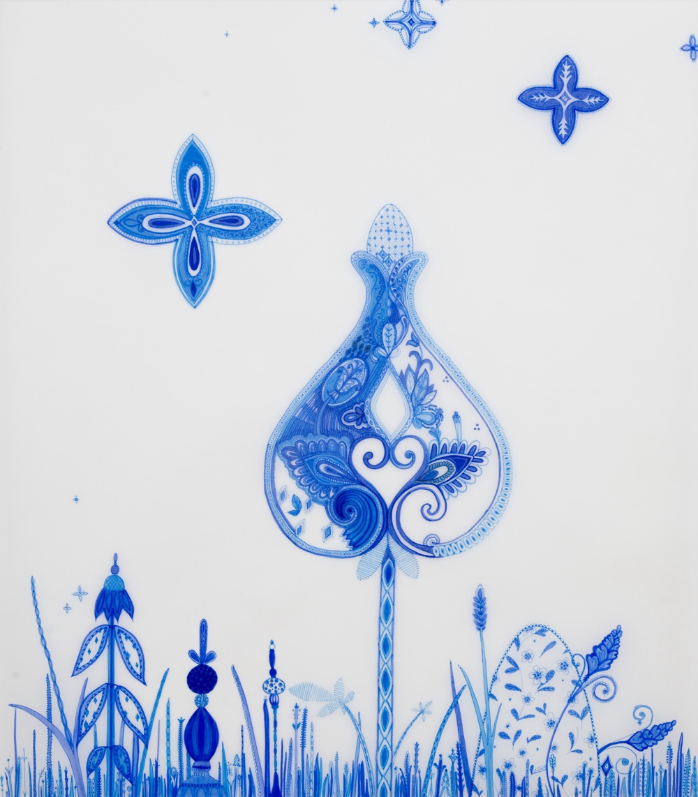Kirsten Hassenfeld, Blueware Drawing Number One (2009): Ink on vellum, 20½” x 18”. Courtesy of the artist and Cade Tompkins Editions/Projects Kirsten Hassenfeld, Blueware Drawing Number One (2009): Ink on vellum, 20½” x 18”. Courtesy of the artist and Cade Tompkins Editions/Projects