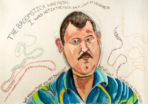 Daniel Heyman, “The Broomstick was Metal” from 10 Iraqi Portraits (2008): Gouache, watercolor, ink and pencil, 26 x 38 inchesLent by the artist, courtesy of Cade Tompkins Projects Daniel Heyman, “The Broomstick was Metal” from 10 Iraqi Portraits (2008): Gouache, watercolor, ink and pencil, 26 x 38 inchesLent by the artist, courtesy of Cade Tompkins Projects