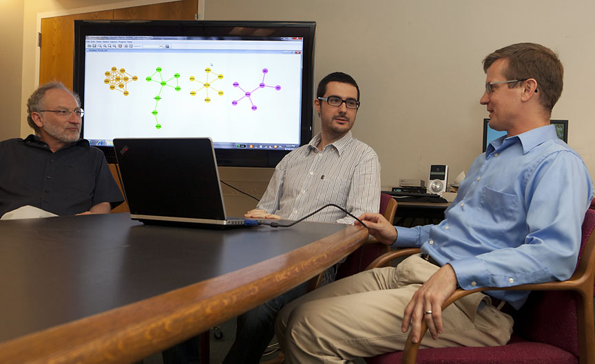 Identifying the conspiracy: Computer scientists Eli Upfal, Fabio Vandin, and Ben Raphael designed software to focus on groups of genes. “Instead of identifying individual players,” Raphael asked, “can we identify the conspiracy?” Credit: Mike Cohea/Brown University Identifying the conspiracy: Computer scientists Eli Upfal, Fabio Vandin, and Ben Raphael designed software to focus on groups of genes. “Instead of identifying individual players,” Raphael asked, “can we identify the conspiracy?” Credit: Mike Cohea/Brown University
