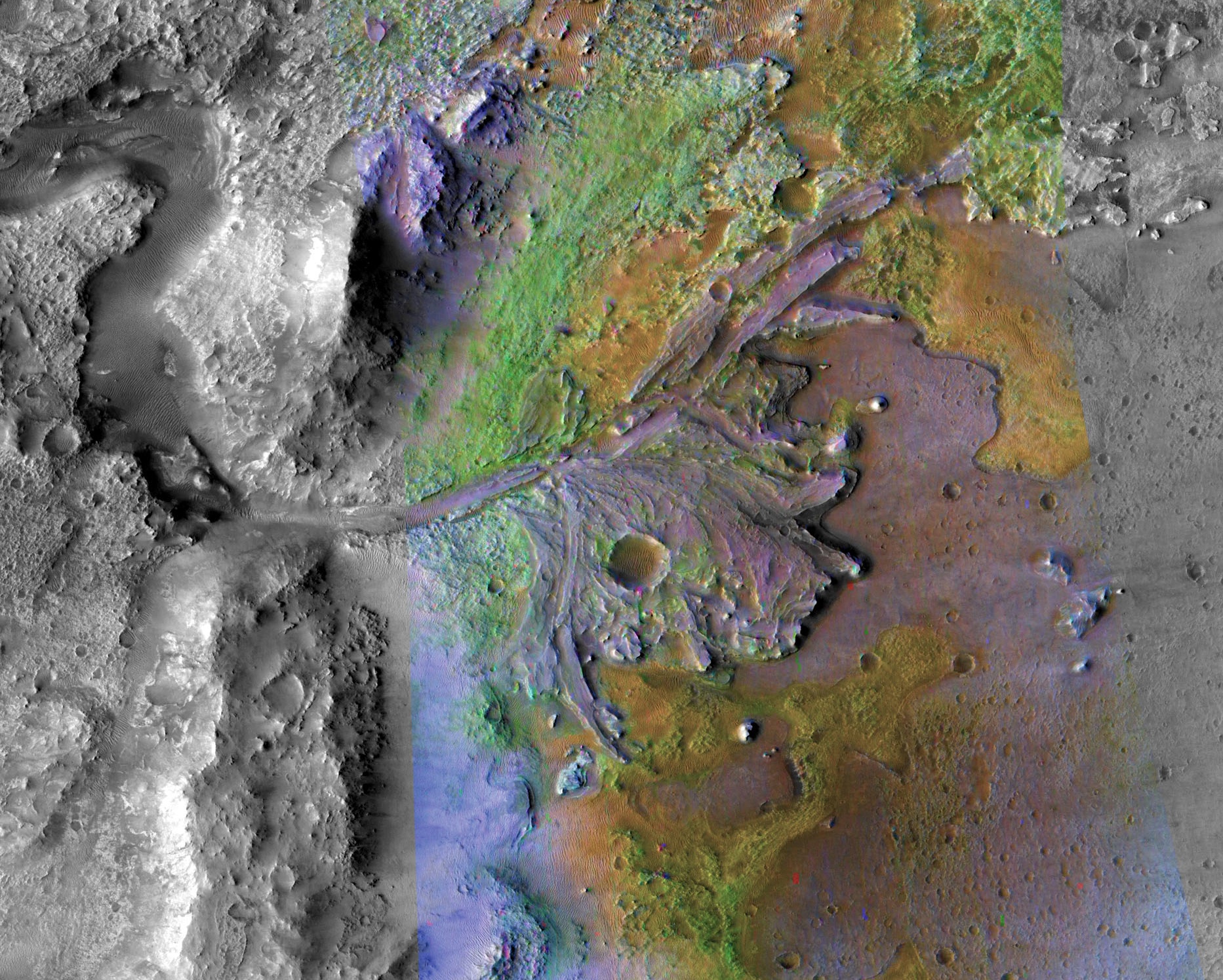 Organic Cemetery?: A color-enhanced image of the delta in Jezero crater, a past lake on Mars. Researchers led by Brown graduate student Bethany Ehlmann report that ancient rivers ferried clay-like minerals (shown in green) into the lake, forming the delta. The clays then were trapped, meaning they could store past life. Organic Cemetery?: A color-enhanced image of the delta in Jezero crater, a past lake on Mars. Researchers led by Brown graduate student Bethany Ehlmann report that ancient rivers ferried clay-like minerals (shown in green) into the lake, forming the delta. The clays then were trapped, meaning they could store past life.