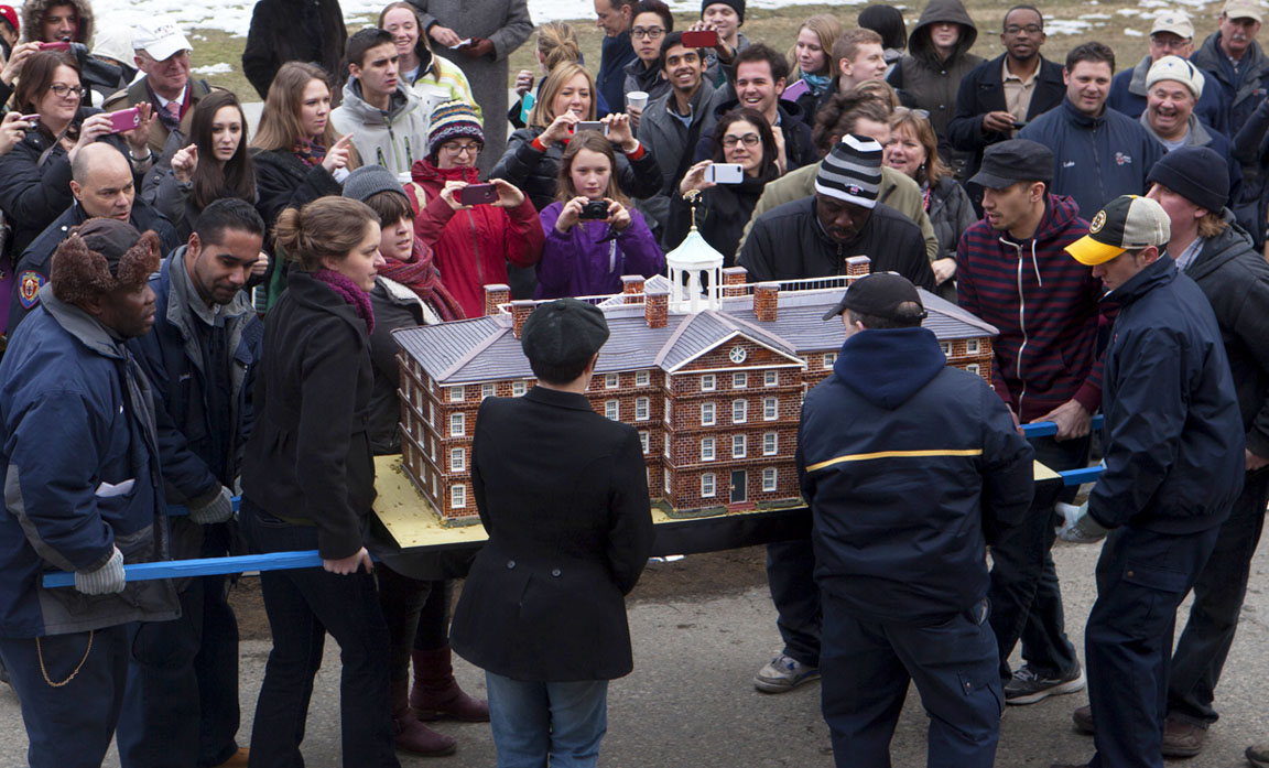 The cake arrives: The cake looked so much like a miniature University Hall, one visitor first thought it was made of foam. It was entirely edible. Thousands of slices later, it was gone. The cake arrives: The cake looked so much like a miniature University Hall, one visitor first thought it was made of foam. It was entirely edible. Thousands of slices later, it was gone.