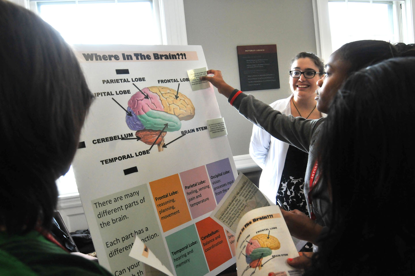 Pin the sticker on the brain: Medical student Zoe Weiss leads a session on the geography of the brain, asking middle school students to match a problem with the region of the brain that's involved. Credit: Frank Mullin/Brown University Pin the sticker on the brain: Medical student Zoe Weiss leads a session on the geography of the brain, asking middle school students to match a problem with the region of the brain that's involved. Credit: Frank Mullin/Brown University