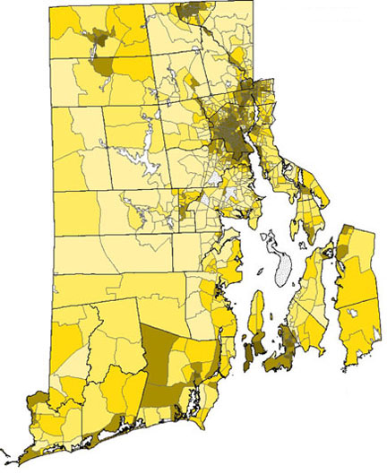 A selective scourge: A higher incidence of lead poisoning (darker areas), using 1993-2005 data, correlated with lower income areas and communities with a preponderance of older, pre-1950 housing stock. Credit: Vivier et al./Brown University A selective scourge: A higher incidence of lead poisoning (darker areas), using 1993-2005 data, correlated with lower income areas and communities with a preponderance of older, pre-1950 housing stock. Credit: Vivier et al./Brown University