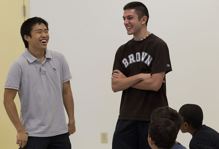 Keeping a step ahead: Instructors Raymon Baek, left, and Michael Lazos were surprised at how quickly students mastered material. In the final battle, the instructors’ own robot was thrown for a loss. Keeping a step ahead: Instructors Raymon Baek, left, and Michael Lazos were surprised at how quickly students mastered material. In the final battle, the instructors’ own robot was thrown for a loss.