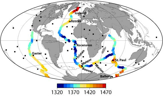 Potential temperatures (°C): After an earthquake, seismic waves propagate faster in cooler rock and slower in hotter rock. Observing the speed of seismic waves allows scientists to measure temperatures deep inside the earth and along mid-ocean ridges, above. Potential temperatures (°C): After an earthquake, seismic waves propagate faster in cooler rock and slower in hotter rock. Observing the speed of seismic waves allows scientists to measure temperatures deep inside the earth and along mid-ocean ridges, above.