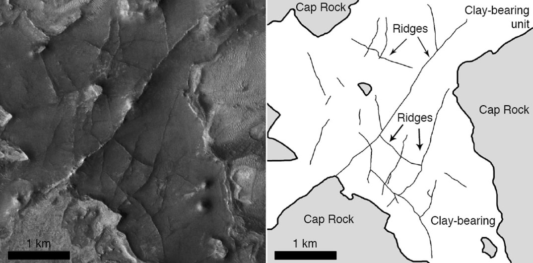 Mineral deposits mark subsurface water flow: A photo taken by the Mars Reconnaissance Orbiter shows ridges formed by fossilized subsurface water flow. Orientation of the ridges, mapped by researchers, is consistent with fractures formed by impact events. Credit: NASA and Mustard Lab/Brown University Mineral deposits mark subsurface water flow: A photo taken by the Mars Reconnaissance Orbiter shows ridges formed by fossilized subsurface water flow. Orientation of the ridges, mapped by researchers, is consistent with fractures formed by impact events. Credit: NASA and Mustard Lab/Brown University