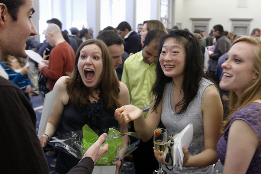 Yes-s-s-s-s-s!!: Everything worked out well for Bryan Beutel, with classmates, from left, Diana Moke, Jill Wei, and Laura Grimmer.Credit: Hank Randall Yes-s-s-s-s-s!!: Everything worked out well for Bryan Beutel, with classmates, from left, Diana Moke, Jill Wei, and Laura Grimmer.Credit: Hank Randall