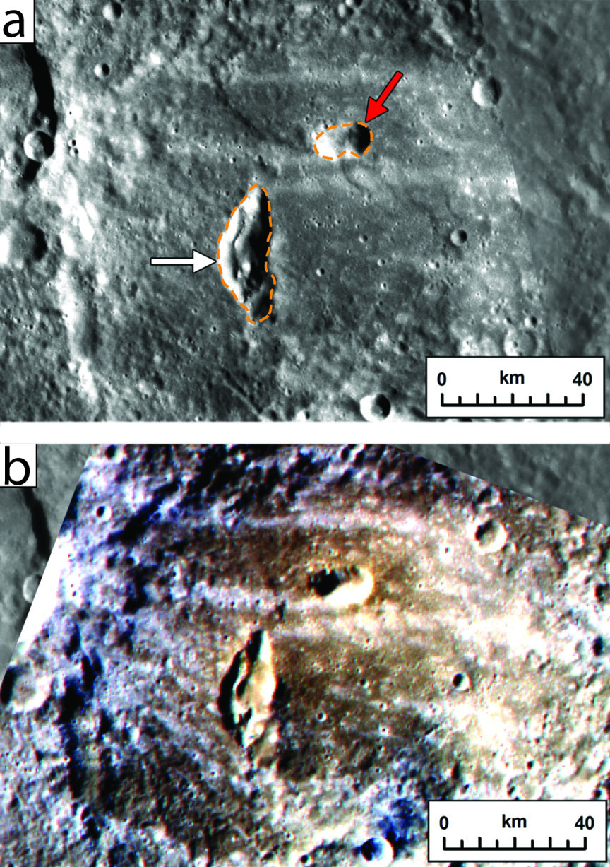 Measuring geological time: Two pyroclastic vents on the floor of Mercury’s Kipling crater, top, would likely not have survived the impact; they are more recent. The false color image of the same spot, bottom, marks pyroclastic material as brownish red. Measuring geological time: Two pyroclastic vents on the floor of Mercury’s Kipling crater, top, would likely not have survived the impact; they are more recent. The false color image of the same spot, bottom, marks pyroclastic material as brownish red.