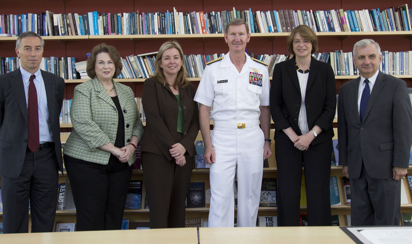 At the signing: From left, Richard Locke, Watson Institute director; Mary Ann Peters, provost of the Naval War College; Vicki Colvin, provost-elect at Brown; Rear Admiral Carter; President Paxson; Sen. Jack Reed. At the signing: From left, Richard Locke, Watson Institute director; Mary Ann Peters, provost of the Naval War College; Vicki Colvin, provost-elect at Brown; Rear Admiral Carter; President Paxson; Sen. Jack Reed.