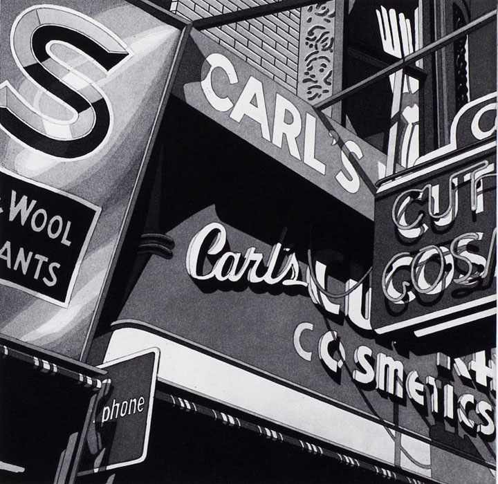 Robert Cottingham, Carl’s (1978): Etching and aquatint, 10 x 10 inches.David Winton Bell Gallery, Brown University. Gift of Richard M. Rieser Jr. Robert Cottingham, Carl’s (1978): Etching and aquatint, 10 x 10 inches.David Winton Bell Gallery, Brown University. Gift of Richard M. Rieser Jr.
