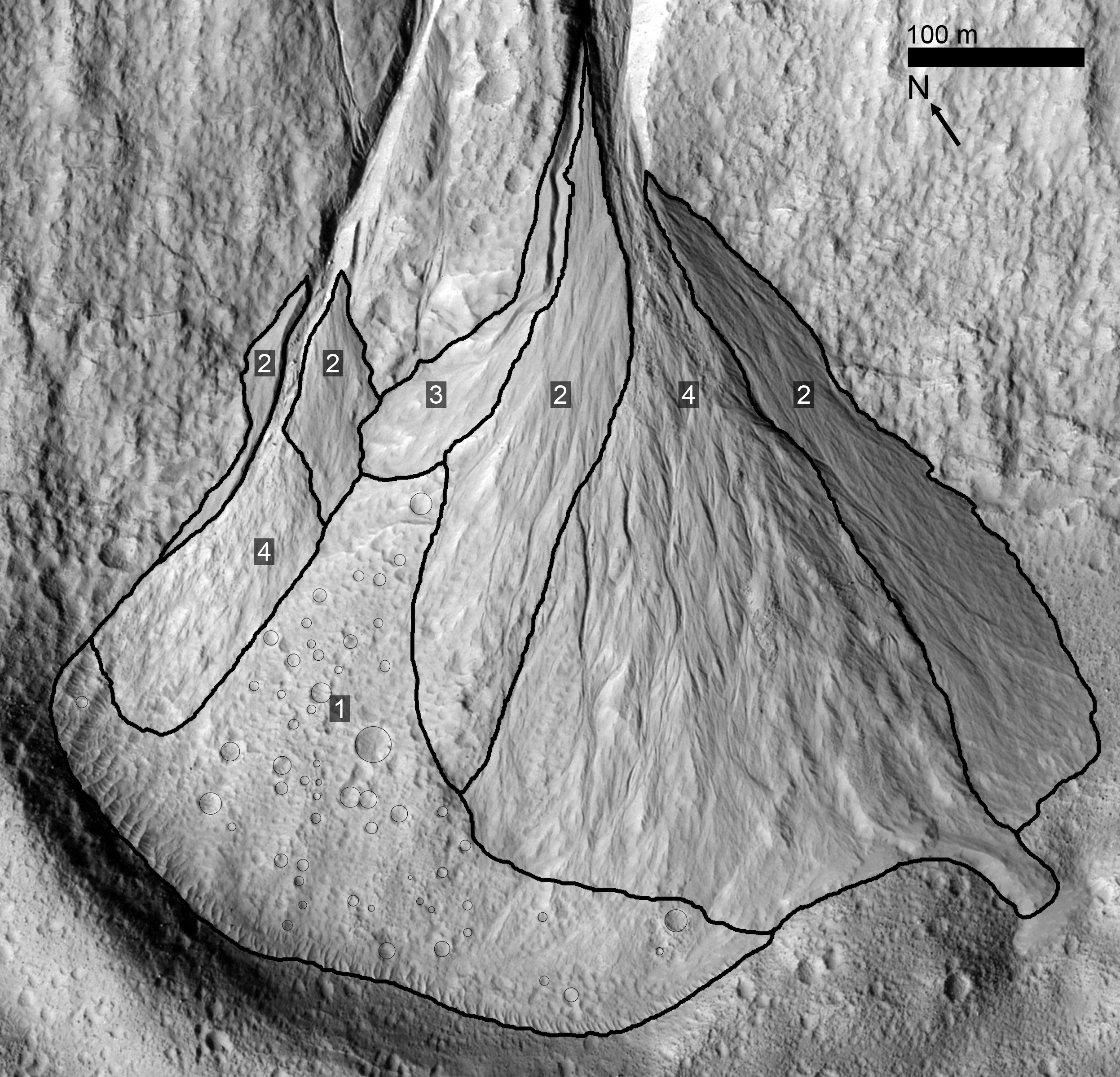 Williams Woods (2007): The gully system shows four distinct lobes. Williams Woods (2007): The gully system shows four distinct lobes.