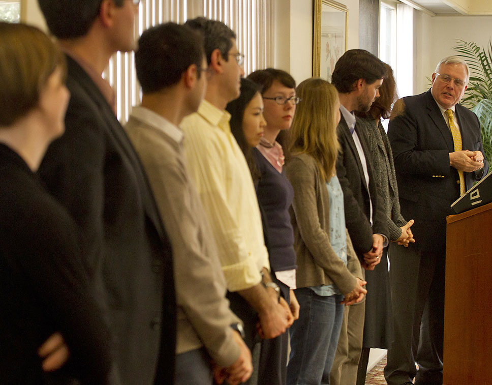 Salomon Awards and seed funds: Clyde Briant, vice president for research, congratulates recipients of individual research grants of up to $15,000 and group project grants totaling $345,000. Credit: Mike Cohea/Brown University Salomon Awards and seed funds: Clyde Briant, vice president for research, congratulates recipients of individual research grants of up to $15,000 and group project grants totaling $345,000. Credit: Mike Cohea/Brown University