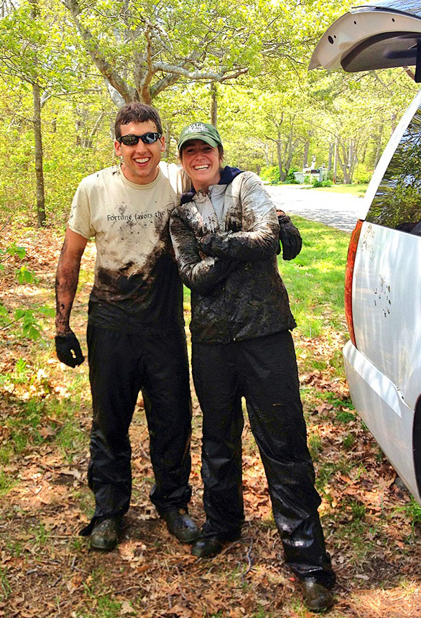 Dirty work: Matt Bevil and Sinead Crotty, like the rest of the research team, faced a marathon of mud during the summer. Their work yielded two published papers and answered many questions about salt marsh destruction in the Northeast. Dirty work: Matt Bevil and Sinead Crotty, like the rest of the research team, faced a marathon of mud during the summer. Their work yielded two published papers and answered many questions about salt marsh destruction in the Northeast.