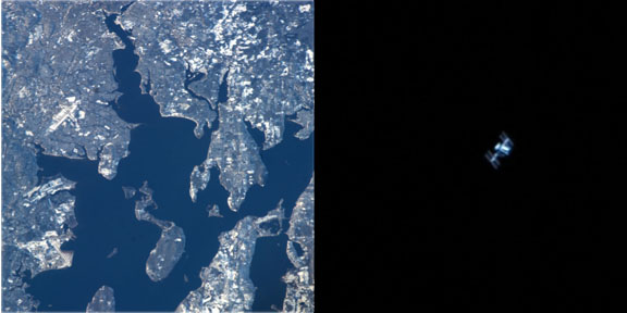 Opposite ends of the telescope: Commander Ford had the grand view of Rhode Island. Heidi and Anthony could just make out the Space Station’s solar panels through the telescope at Ladd Observatory. Credit: Robert Horton/Brown University Opposite ends of the telescope: Commander Ford had the grand view of Rhode Island. Heidi and Anthony could just make out the Space Station’s solar panels through the telescope at Ladd Observatory. Credit: Robert Horton/Brown University
