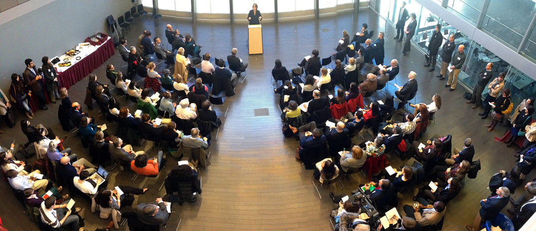 Present at the creation: Community representatives, faculty, staff and students joined in the TRILab launch. The program combines robust community service with scholarly rigor and analysis in a year-long seminar to develop ideas for collaborative work.