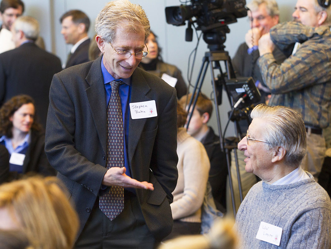 Child development and healthy outcomes: Stephen Buka, co-chair of the inaugural lab, talks with his mentor Lewis Lipsitt. Lipsitt and Buka did pioneering work on longitudinal studies of child development in Rhode Island.