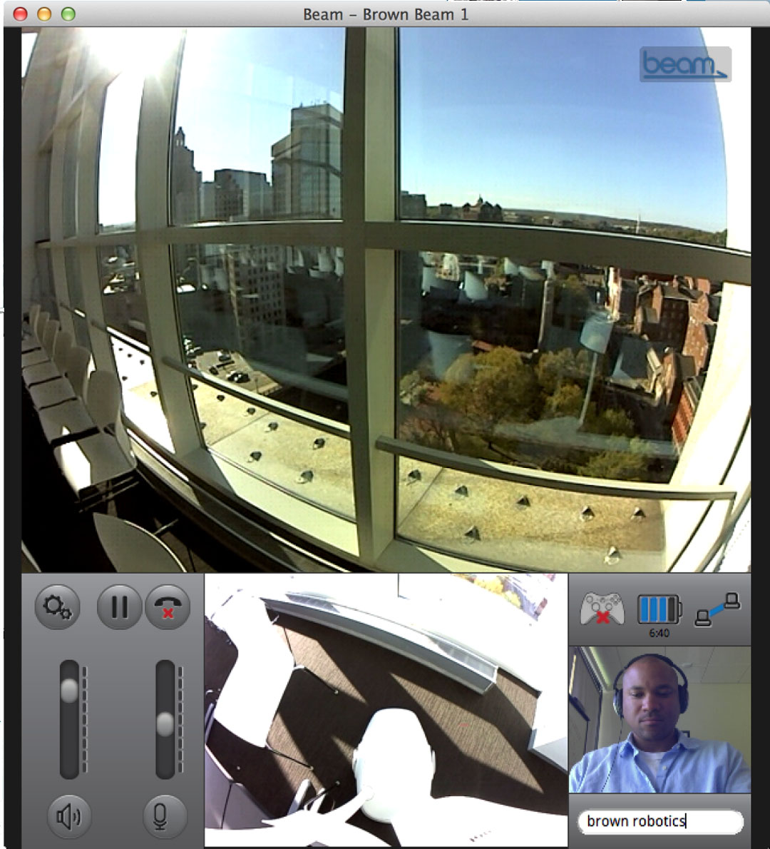 Virtually there: In California, Chad Jenkins used this interface — the Beam Remote Presence System — to make his presence felt at ICERM in Providence. Virtually there: In California, Chad Jenkins used this interface — the Beam Remote Presence System — to make his presence felt at ICERM in Providence.