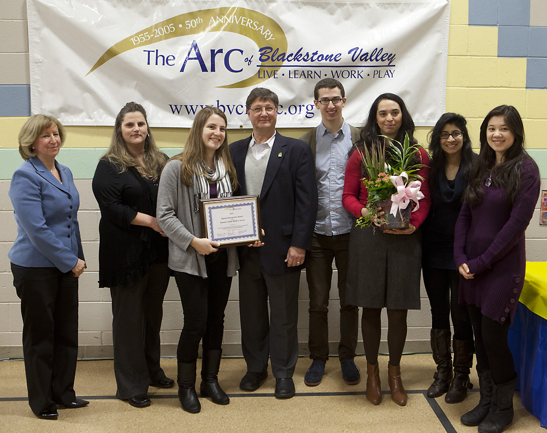 Writers’ Group: From left: Kathy Hunt, chief operating officer at Arc of Blackstone Valley; Michelle Rattray, a staff member at Blackstone Valley Industries; Kate Carbone, a Brown student; Rabbi Alan Flam, director of advising and community collaborations at the Swearer Center; and Brown students Adam Davis, Gaby Scarritt, Riana Dutt, and Leah Bromberg.Credit: Brown University Writers’ Group: From left: Kathy Hunt, chief operating officer at Arc of Blackstone Valley; Michelle Rattray, a staff member at Blackstone Valley Industries; Kate Carbone, a Brown student; Rabbi Alan Flam, director of advising and community collaborations at the Swearer Center; and Brown students Adam Davis, Gaby Scarritt, Riana Dutt, and Leah Bromberg.Credit: Brown University