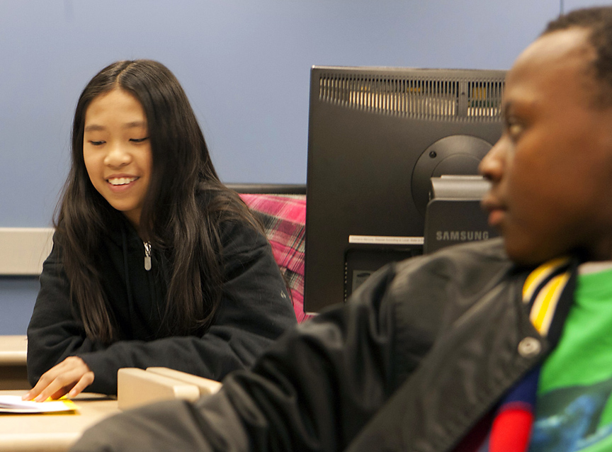 The creative possibilities of programming: Madavin Vong, a student at Gilbert Stuart Middle School, wanted to see how video game characters are made — and made to move. Credit: Mike Cohea The creative possibilities of programming: Madavin Vong, a student at Gilbert Stuart Middle School, wanted to see how video game characters are made — and made to move. Credit: Mike Cohea
