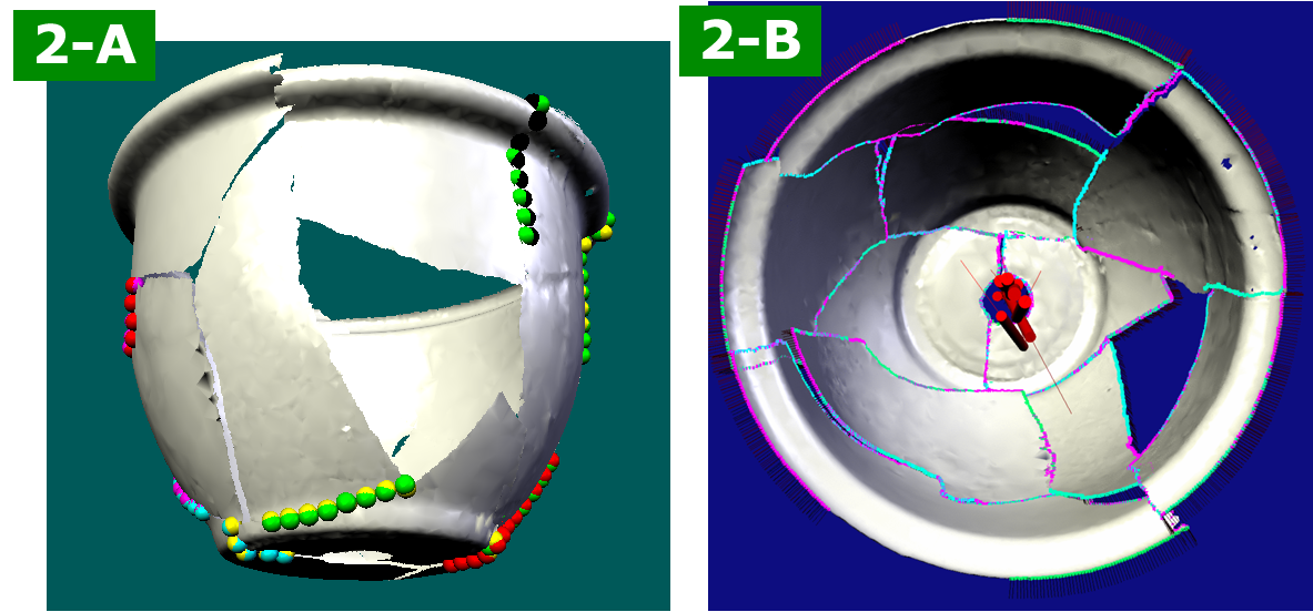 Reassembly from fragments: An illustration shows how researchers are able to reconstruct an artifact, such as this 10-piece vessel, based on estimating the axis/profile-curves of a small sherd. Reassembly from fragments: An illustration shows how researchers are able to reconstruct an artifact, such as this 10-piece vessel, based on estimating the axis/profile-curves of a small sherd.