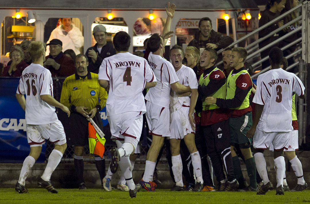 In the second half, a tie ...: Dylan Remick celebrate his second half goal with teammates, tying the game 1-1.