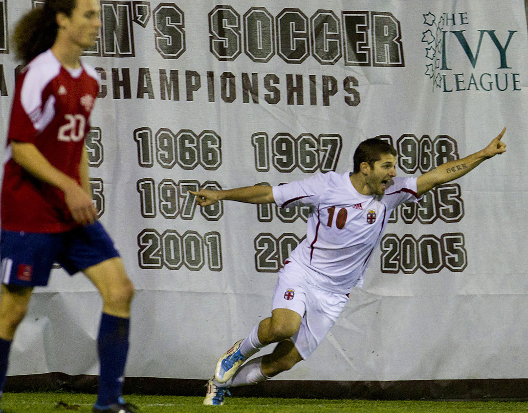 ... and a lead: Sean Rosa celebrates his second-half goal, giving Brown a 2-1 lead.